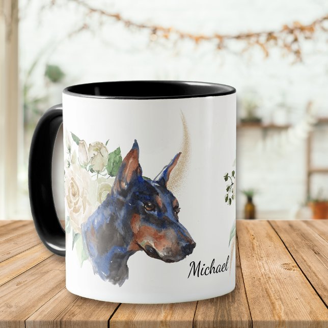 Caneca White Rose Bouquet Doberman Pinscher Dog (Criador carregado)