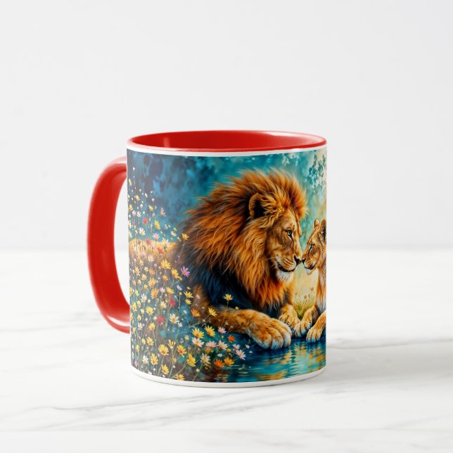 Caneca Wildlife Lion Lioness fantasia arte romântica (Frente Esquerda)