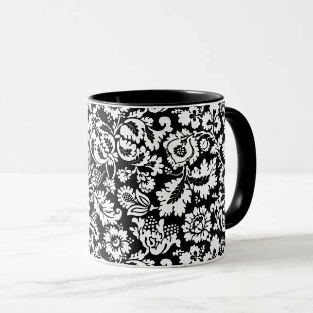 Caneca William Morris Floral Damask, Black and White (Frente Esquerda)
