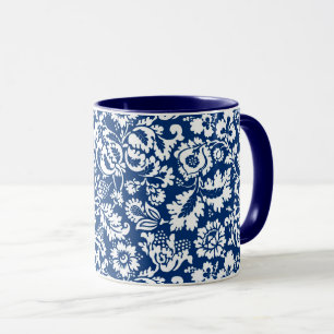 Caneca William Morris Floral Damask, Branco em Azul Cobal