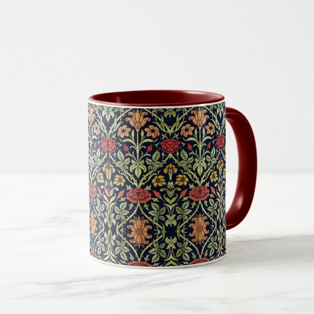 Caneca William Morris Flores Folhagem Verde Amarelo Verme (Frente Esquerda)
