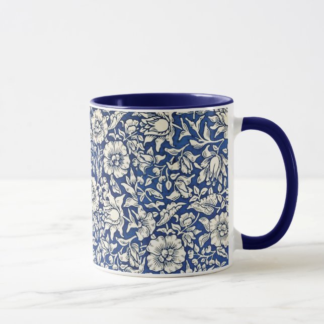 Caneca William Morris Mallow Flowers Floral Azul Branco (Direita)