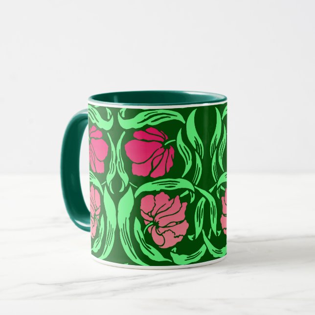 Caneca William Morris Pimpernel, Coral Pink e Green (Frente Esquerda)