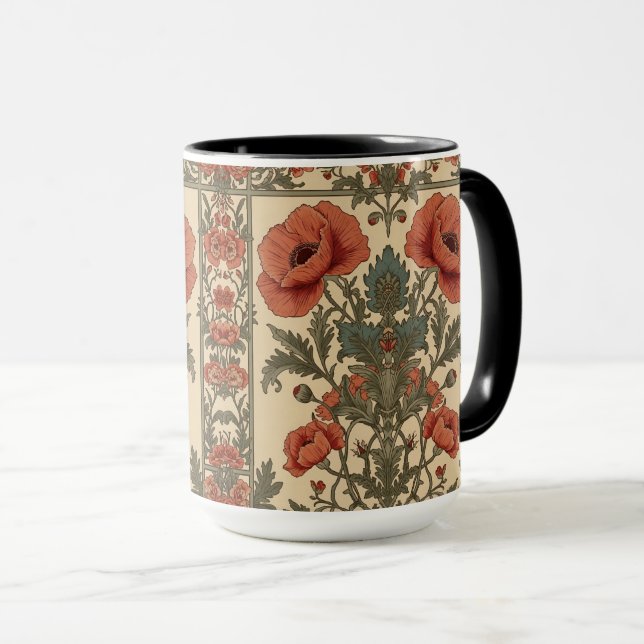 Caneca William Morris Poppies Floral Art Nouveau Pattern  (Frente Esquerda)