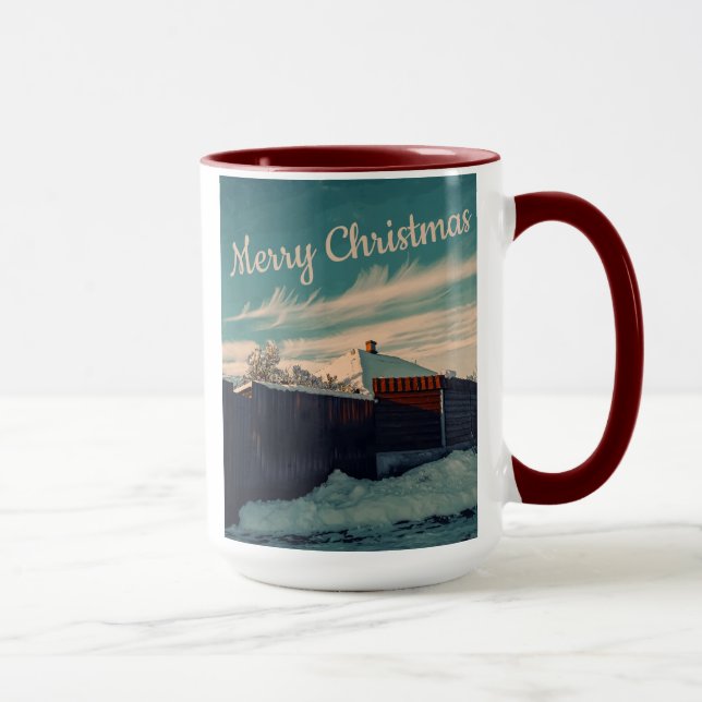 Caneca Winter Snow Scene Teal Sky Retro Landscape (Direita)