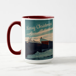 Caneca Winter Snow Scene Teal Sky Retro Landscape