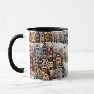 Caneca Winter Village Scene Cozy Snowy Town 