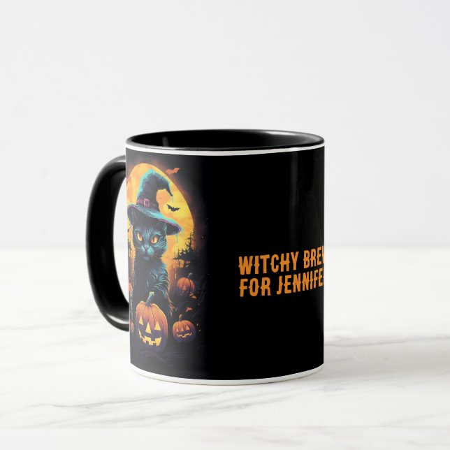 Caneca WITCHY BREW for (name), Black Cat Halloween (Frente Esquerda)