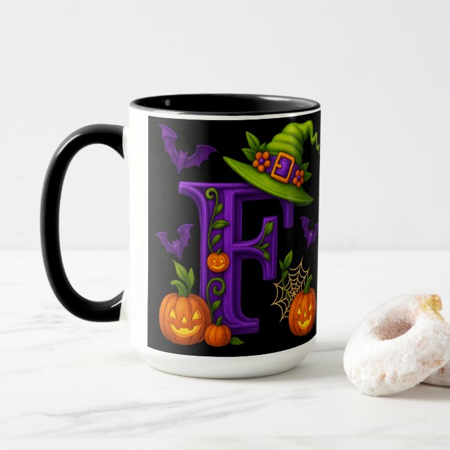Caneca Witchy Halloween Inicial "F" Mug (Com Donut)