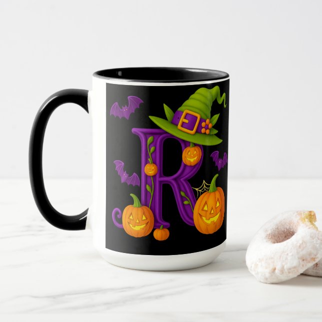 Caneca Witchy Halloween Inicial "R" Mug (Com Donut)