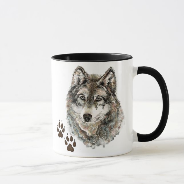 Caneca Wolf - Cinza de Aquarela Original - Rastreio Anima (Direita)