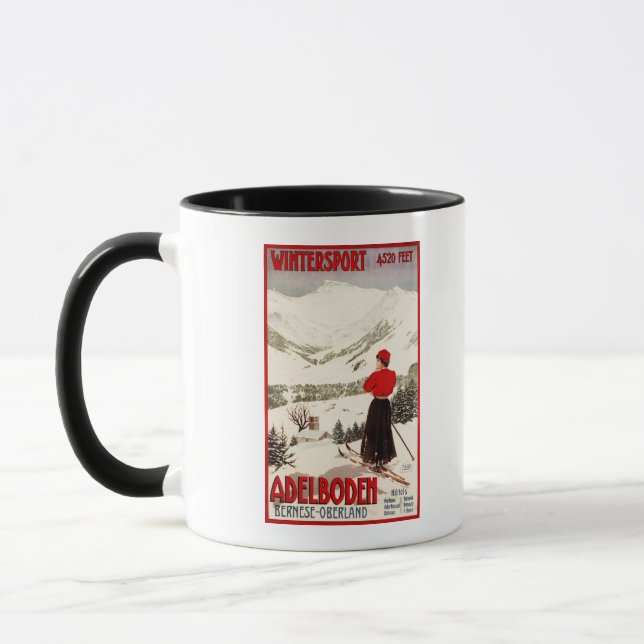 Caneca Woman Skier Overlook Adelboden Poster (Esquerda)