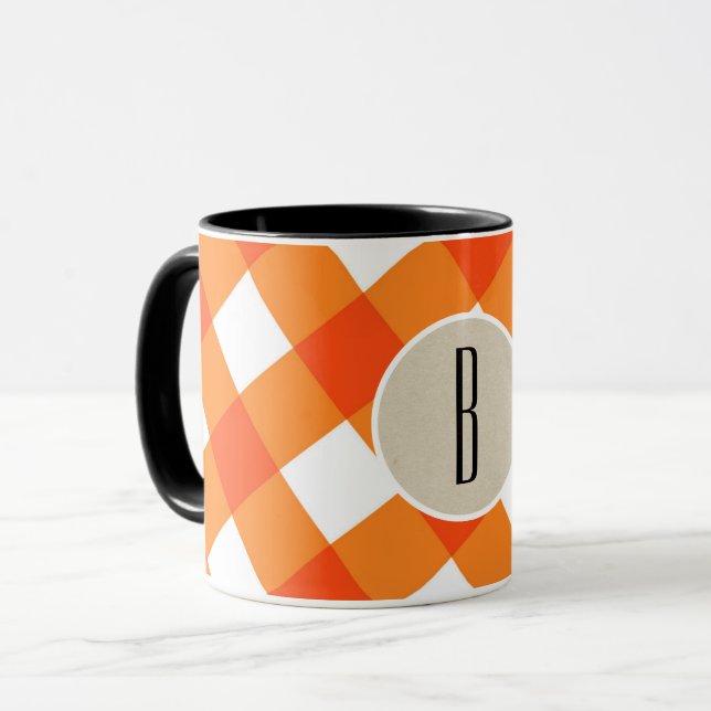 Caneca Xadrez branca laranja Kraft Monograma Russo inicia (Frente Esquerda)