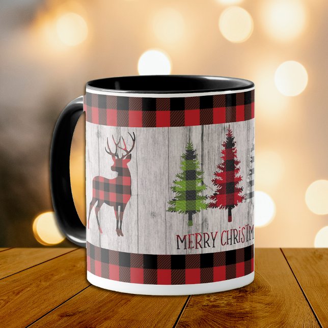 Caneca Xadrez de Buffalo Deer Árvores de Natal em Madeira (Criador carregado)