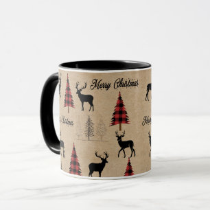 Caneca Xadrez de Buffalo Vermelho e Florestas de Natal Fe