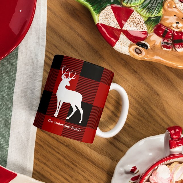 Caneca Xadrez de Buffalo Vermelho e Veado Branco | Nome p (Criador carregado)