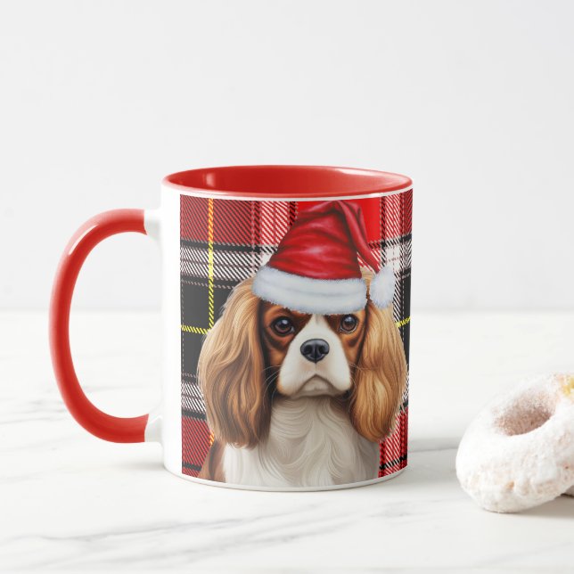 Caneca Xadrez de Natal King Charles Spaniel (Com Donut)