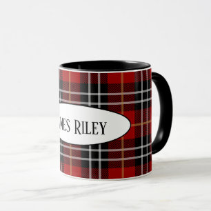 Caneca xadrez de tartan preto e vermelho com nome