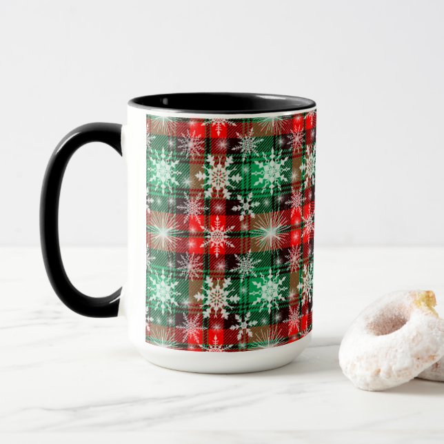 Caneca Xadrez E Flocos De Neve Padrão De Natal 1 (Com Donut)