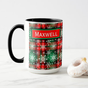Caneca Xadrez E Flocos De Neve Padrão De Natal 1 Com Nome