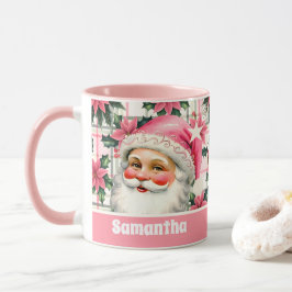 Caneca Xadrez Floral de Natal do Pai Natal cor-de-rosa