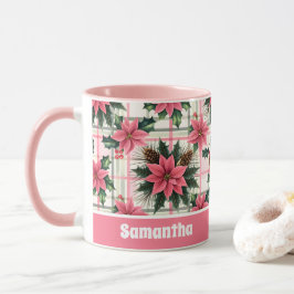 Caneca Xadrez Floral de Natal Rosa Rosa Feliz Natal Feliz