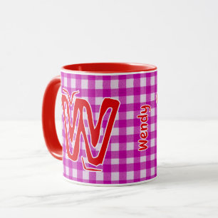 Caneca Xadrez Rosa e Vermelha (Nome do Monograma Girly)