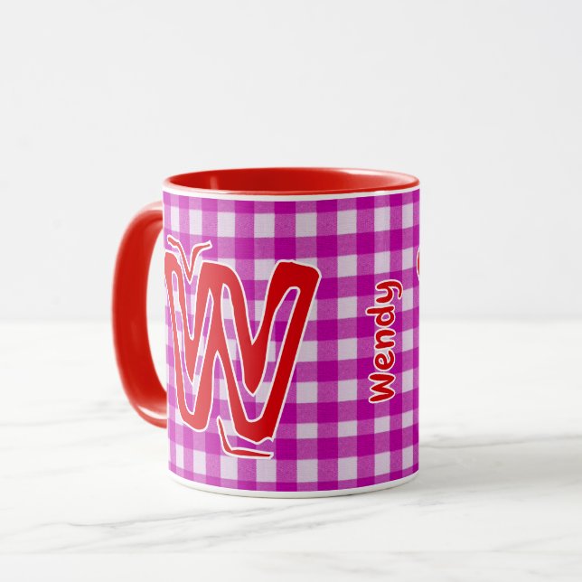 Caneca Xadrez Rosa e Vermelha (Nome do Monograma Girly) (Frente Esquerda)