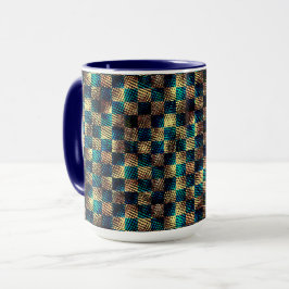 Caneca Xadrez sujo e efeito arranhado, azul e amarelo