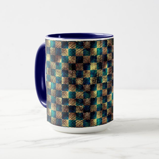 Caneca Xadrez sujo e efeito arranhado, azul e amarelo (Frente Esquerda)