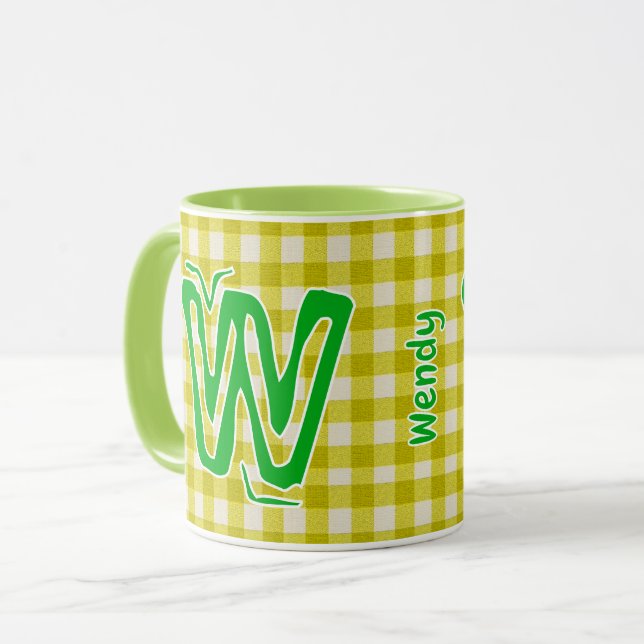Caneca Xadrez Verde Amarelo (Monograma, Nome) Café Vintag (Frente Esquerda)