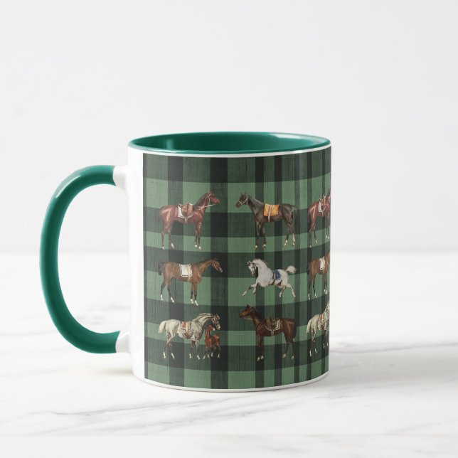 Caneca Xadrez Verde Elegante Vintage com Cavalos Selados (Esquerda)