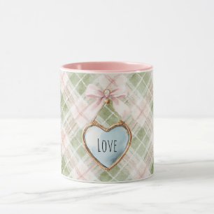 Caneca Xadrez Verde Rosa Laço Azul Dourado Coração Amor