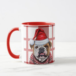 Caneca Xadrez Vermelha Feriada e Bulldog em um Natal