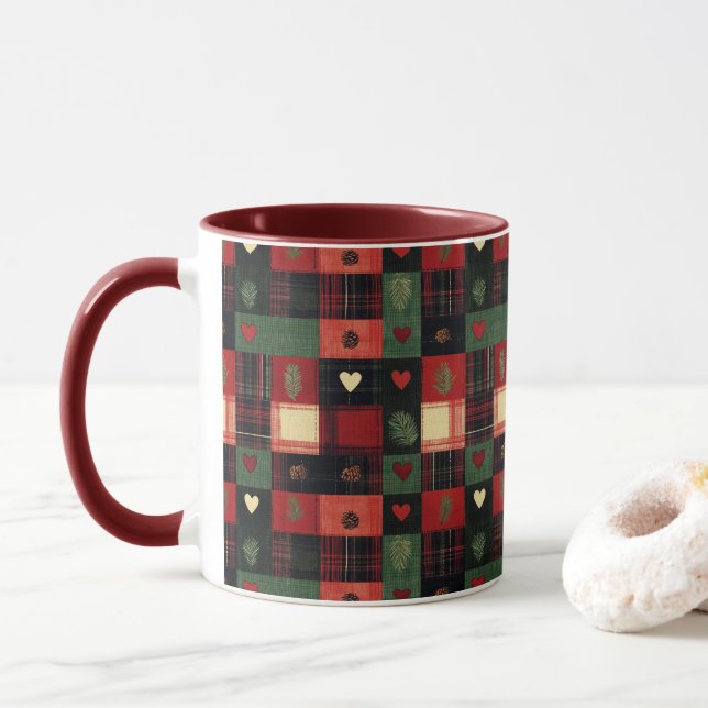 Caneca Xadrez Vermelho Verde Branco Rústico Country Cotta (Com Donut)
