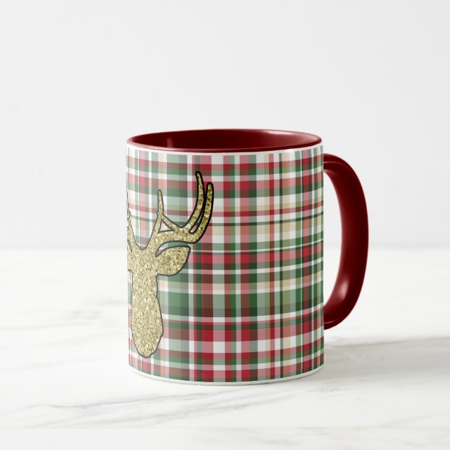 Caneca Xadrez XMAS de Natal Tartan Dourada Coffee Mug (Frente Esquerda)