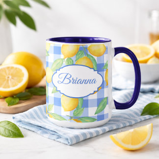 Caneca Yellow Lemon Print on Blue and White Gingham Mug
