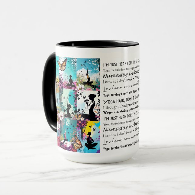 Caneca Yoga Puns e Poses com Borboletas (Frente Esquerda)