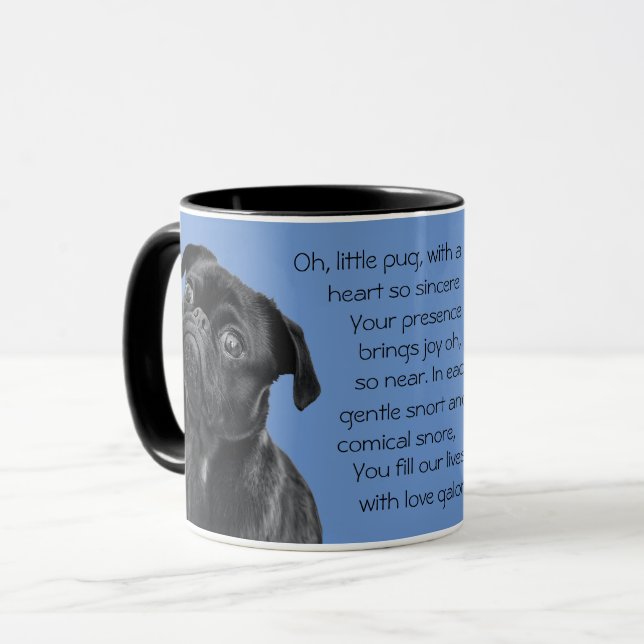 Caneca Your Photo and words Black Pug Puppy with Poem (Frente Esquerda)