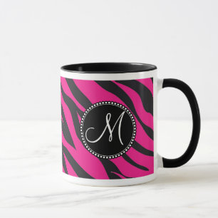Caneca Zebra Negra Preta, Rosa Quente, Monograma Inicial