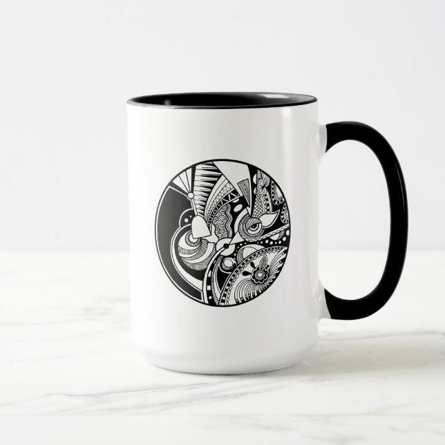 Caneca Zendala abstrato preto e branco no círculo (Direita)