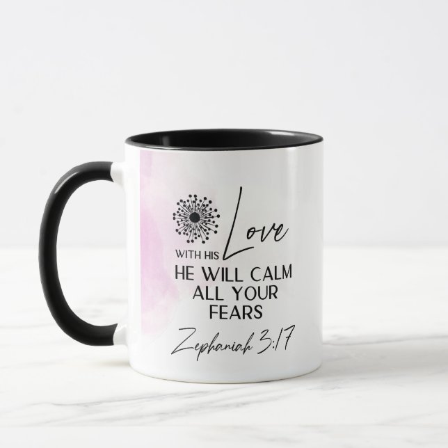 Caneca Zephaniah 3:17 Seu Amor acalmará seus medos Bíblia (Esquerda)