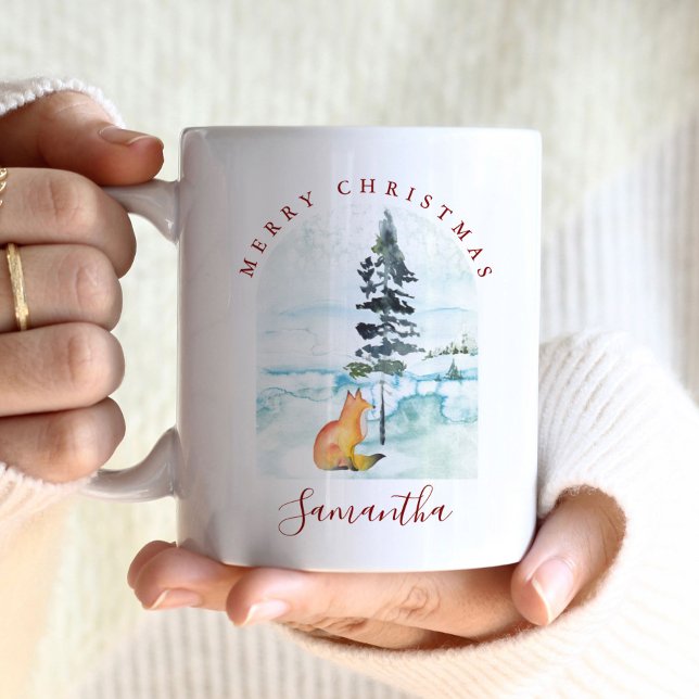 Canecas de café de Natal de inverno fofas (Christmas coffee mugs feature a watercolor winter scene with fox. Personalized with your name)