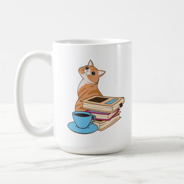 Canecas de Café Fofas com Gatos, Livros e Café (Esquerda)