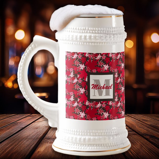 Canecas de cerveja com folhas de bordo em um fundo (Maple Leaves Red on Charcoal - Bar Scene - The Canadian Outpost shop)
