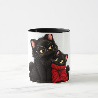 Canecas de Gatos Pretos em Suéter Vermelho - Mãe e