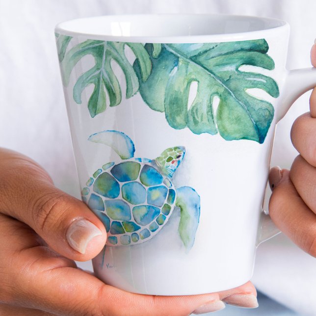 Canecas de Praia Tartaruga Marinha Azul Turquesa A (latte mugs sea turtle beach coffee mug art by Victoria Grigaliunas)
