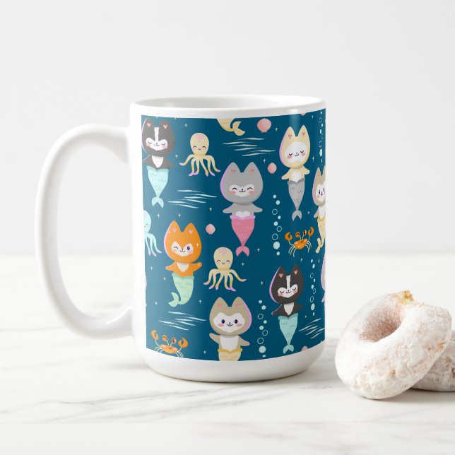 Canecas náuticas decoradas com gatinhos de sereia  (Com Donut)
