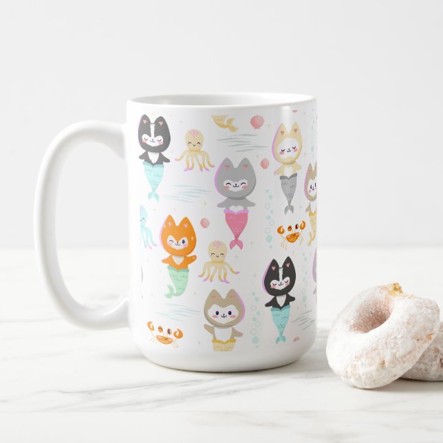 Canecas náuticas decoradas com gatinhos de sereia  (Com Donut)