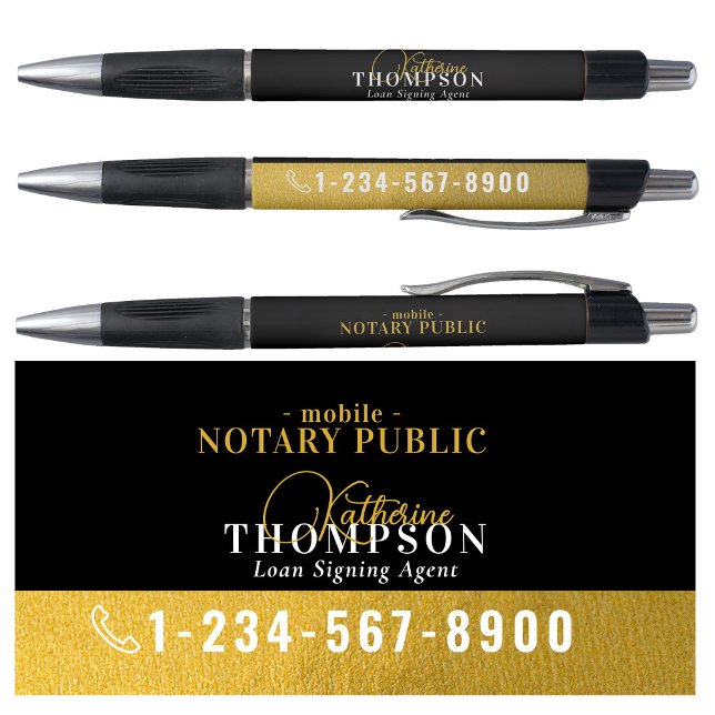 Caneta Agente de Assinatura Notarial Número de Telefone D (Notary Signing Agent Gold Black Phone Number Pen)
